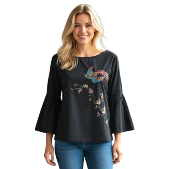 Jealous Tomato Washed Black Bell Sleeve Embroidered Boho Top Medium - Picture 1 of 6
